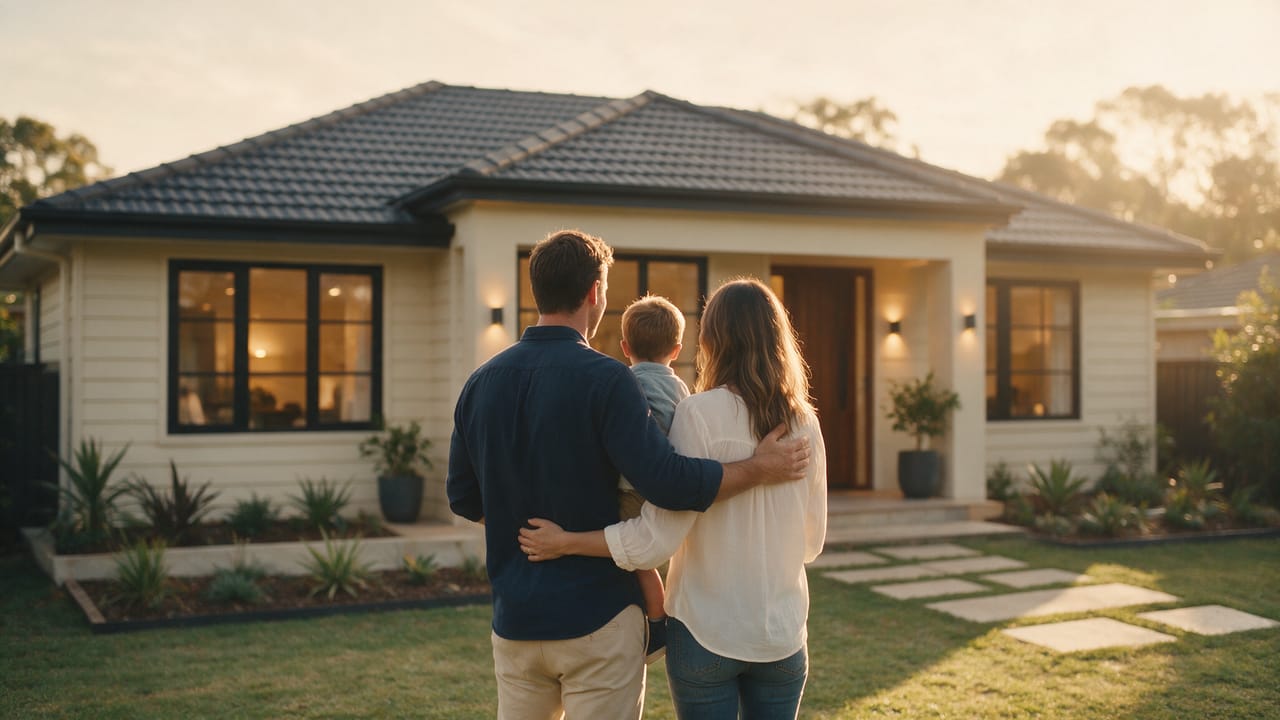 A young family standing on their front lawn at sunset, looking toward their new home