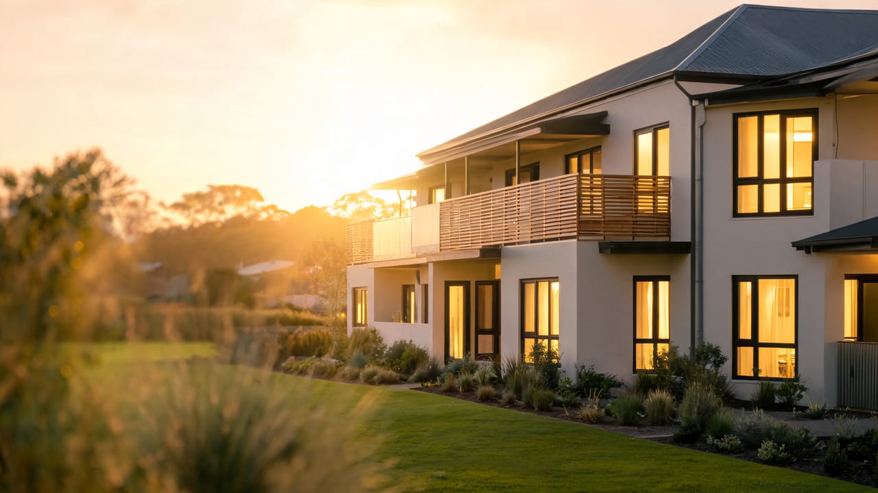 A contemporary two-storey townhouse development lit warmly at golden hour