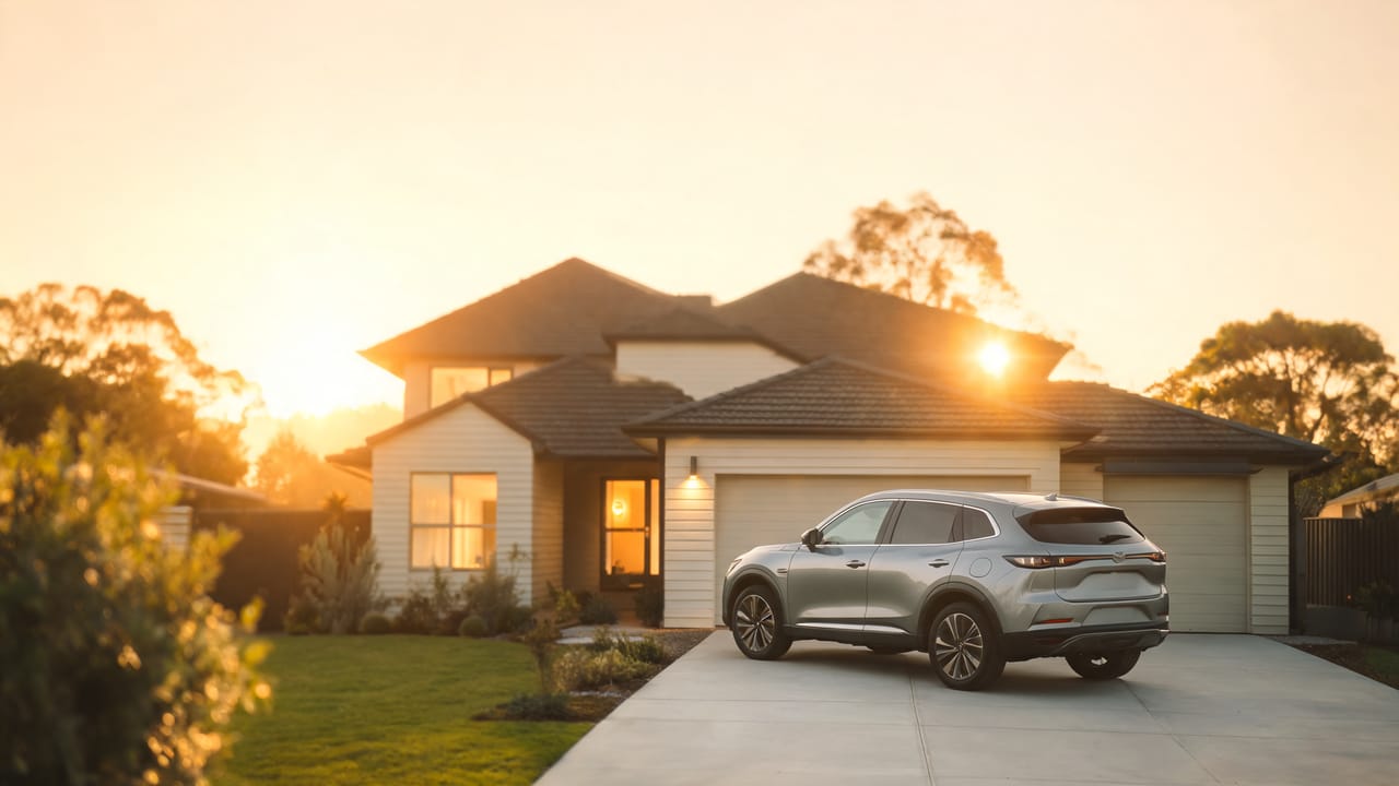 An SUV parked on the driveway of a suburban home at sunset