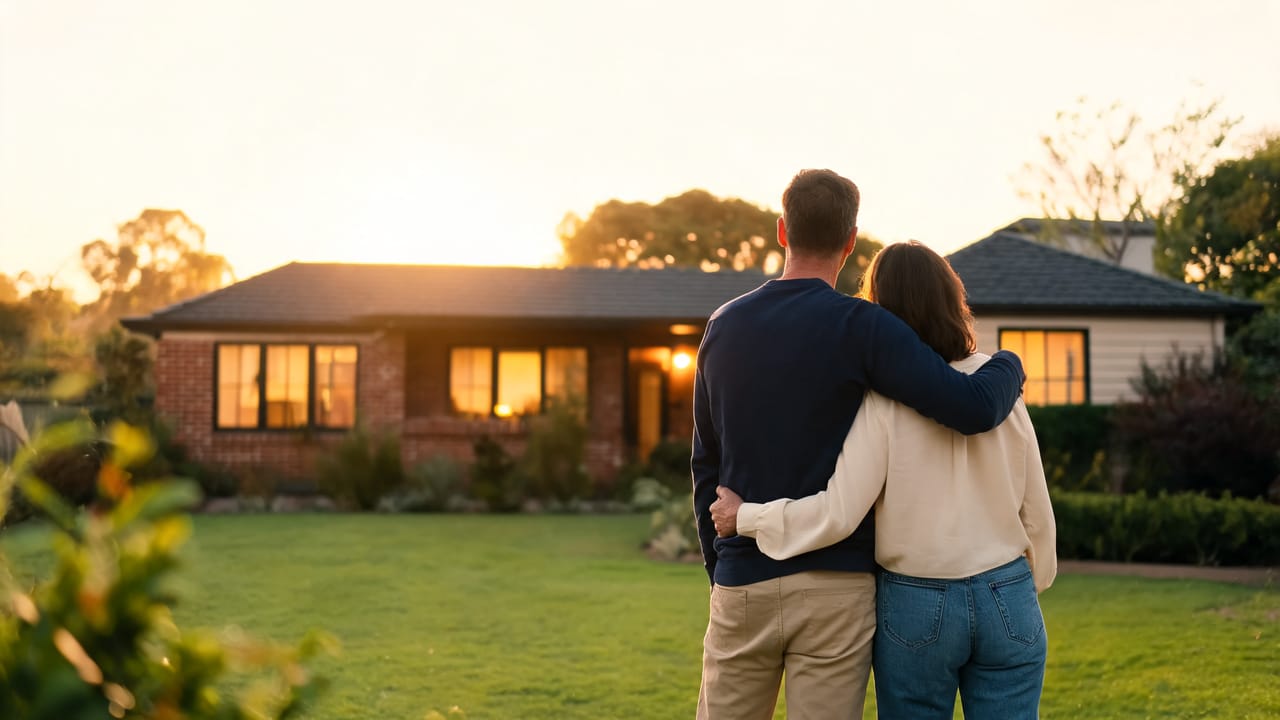 A couple standing together on their lawn looking at their established family home