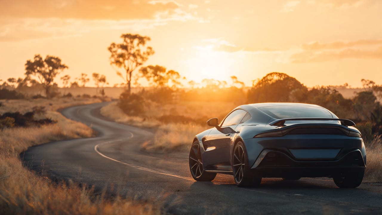A sports coupe parked on a winding country road at sunset